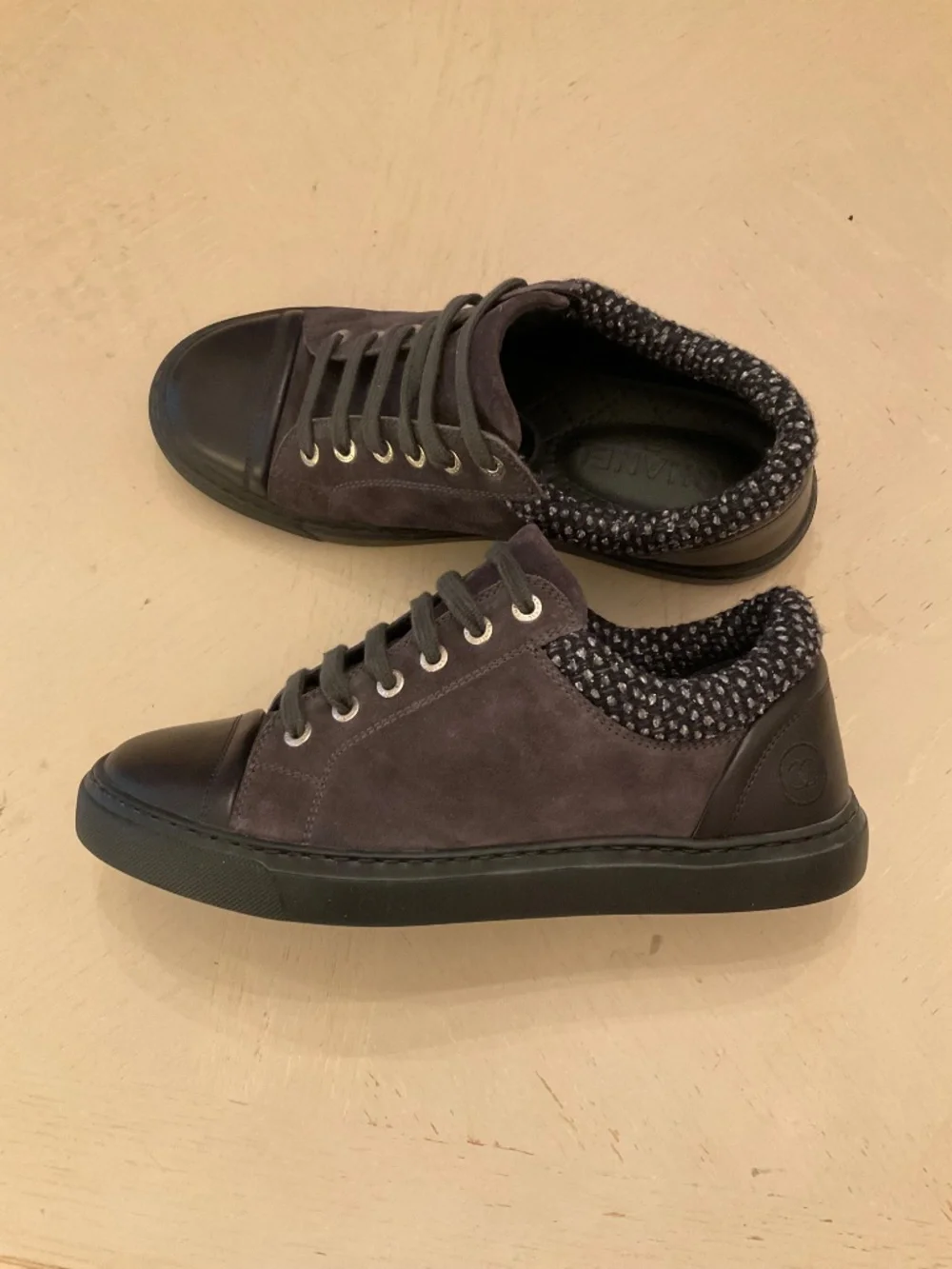 CHANEL Grey Gray Black Suede Tweed Low Top Lace Up Sneaker Shoes 37.5